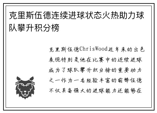 克里斯伍德连续进球状态火热助力球队攀升积分榜