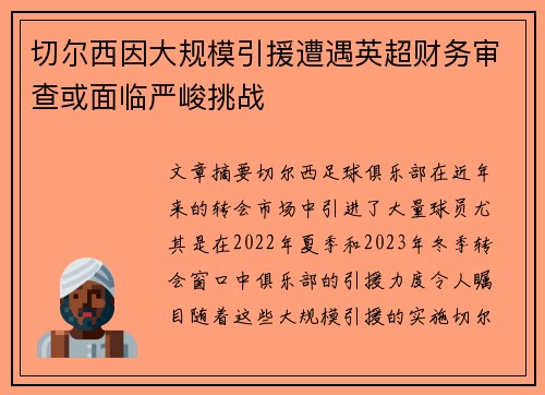 切尔西因大规模引援遭遇英超财务审查或面临严峻挑战