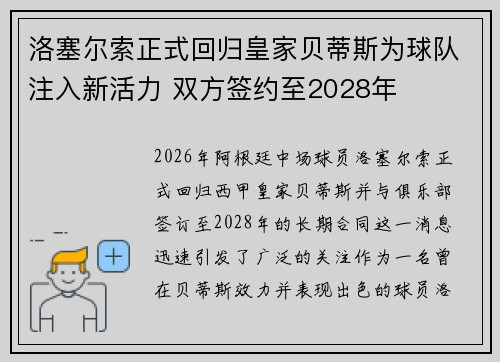 洛塞尔索正式回归皇家贝蒂斯为球队注入新活力 双方签约至2028年